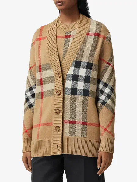 Vuneni kardigan Burberry karirani smeđa