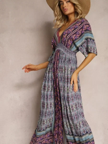 Fioletowo-Niebieska Sukienka w Stylu Etnicznym z Gumką w Pasie Wiązana na Plecach Lixara niebieska