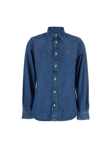Bluzka Ralph Lauren z twillu z długim rękawem niebieska
