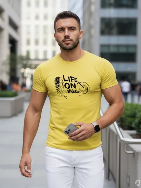 T-shirt z napisem Life on Wheels Dstreet żółty