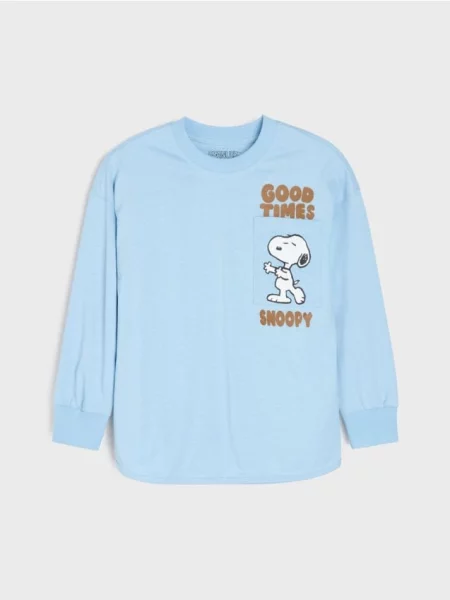 Sinsay loose tričko s dlouhým rukávem v proužcích Peanuts modrá