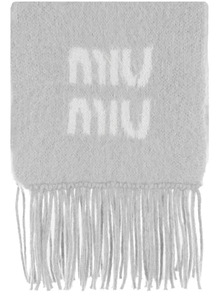 Fular Miu Miu cu franjuri din jacard gri