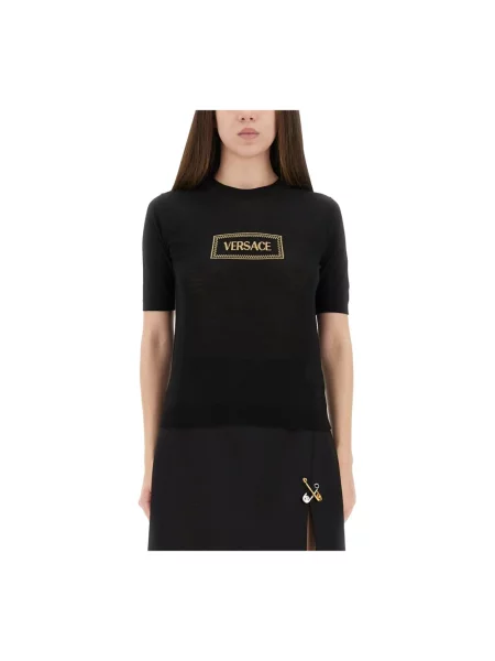 Sweter Versace wełniany z krótkim rękawem czarny