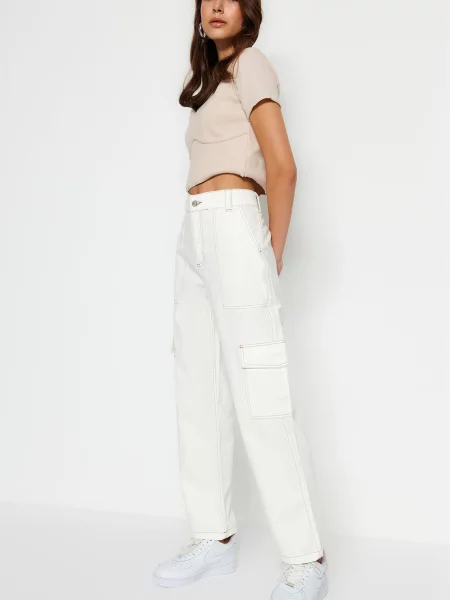 Blugi cu picior larg Trendyol cu talie înaltă alb