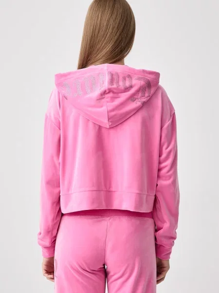 Кадифен суичър с качулка Juicy Couture с качулка розово