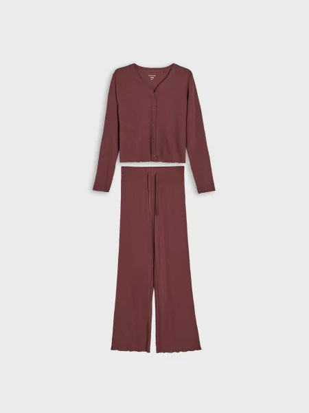 Рифлена двокомплектна піжама темно коричневий