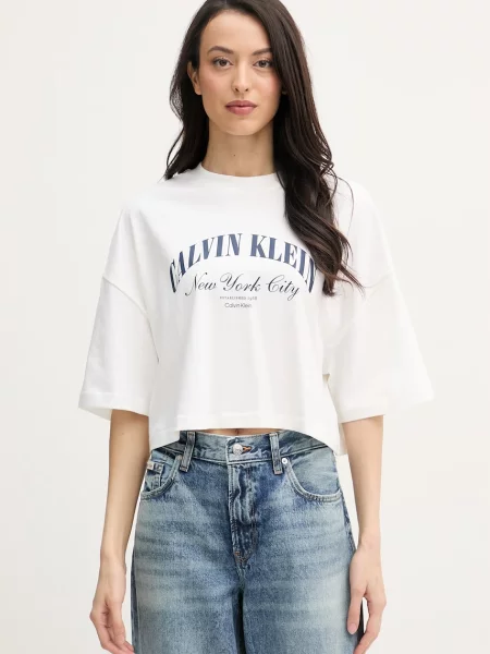 T-shirt Calvin Klein Jeans Ss Cropped Boxy Heri Tee White S beżowa