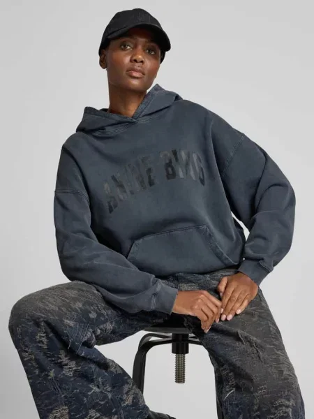 Anine Bing bluza Harvey Sweatshirt szary z kapturem z nadrukiem czarna