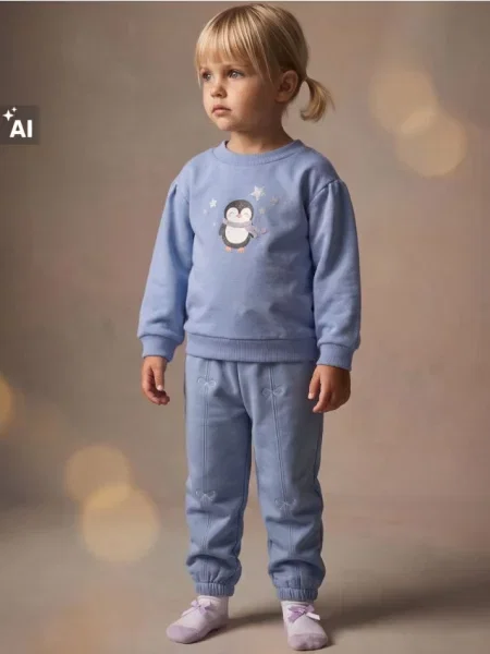 Sinsay Mikina crewneck s nabíranými rukávy a potiskem tučňáka modrá