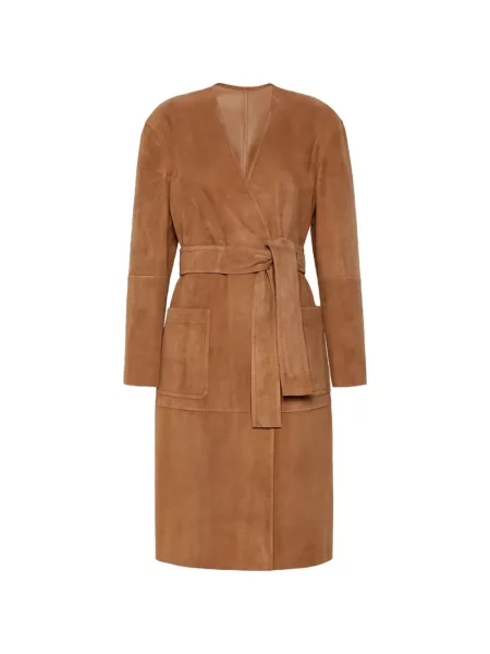 Cu centură palton Max Mara din piele de căprioară maro