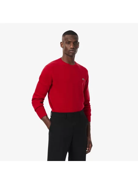 Lacoste Sweter Z Okrągłym Dekoltem Z Wełny Zgrzebnej czerwony