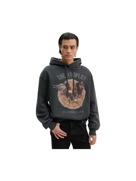 The Kooples bluza szary z kapturem z nadrukiem czarna