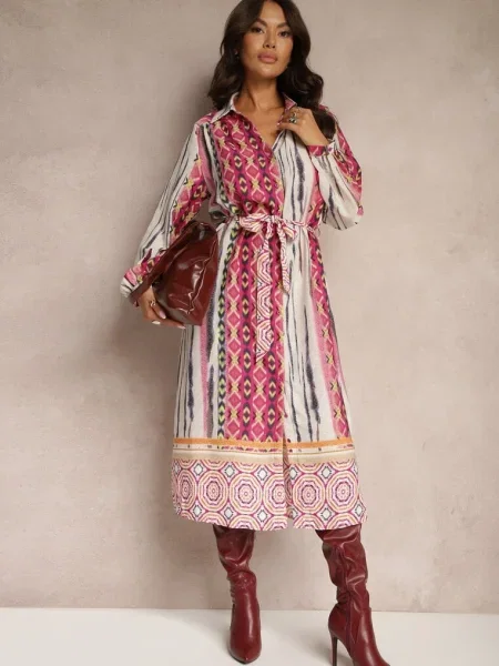 Rochie Cămașă Fucsia-Bej Cu Imprimeu Abstract Nilima bej