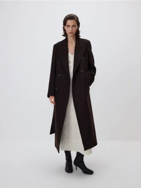 Reserved Пальто з вовни Manteco темно коричневий