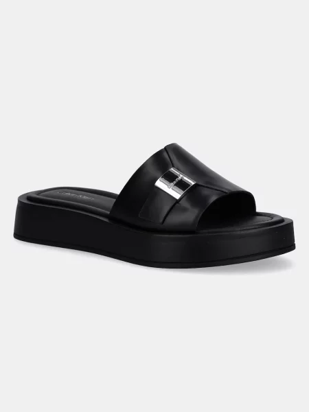 Usnjeni natikači Calvin Klein FLATFORM SLIDE W/CK HW LTH črna