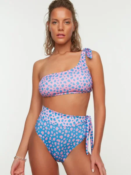Bikini Trendyol cu talie înaltă cu model leopard albastru