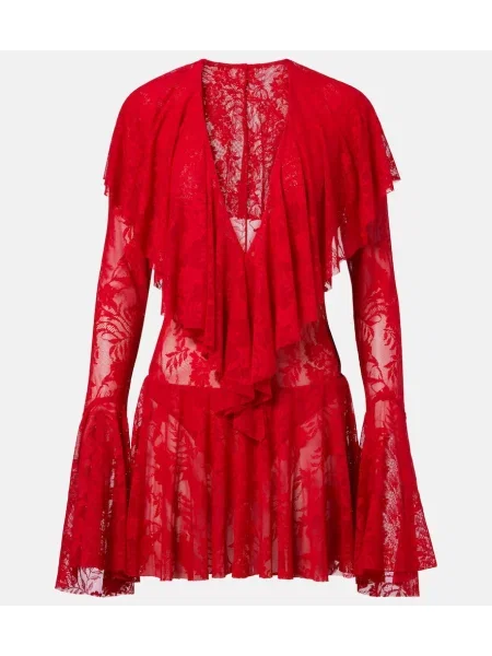 Rochie Norma Kamali transparente cu volane din dantelă roșu