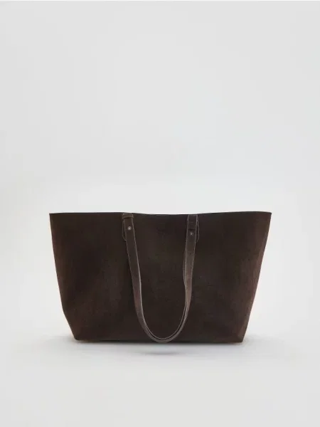 Reserved Geantă shopper din imitație de piele întoarsă maro-închis maro
