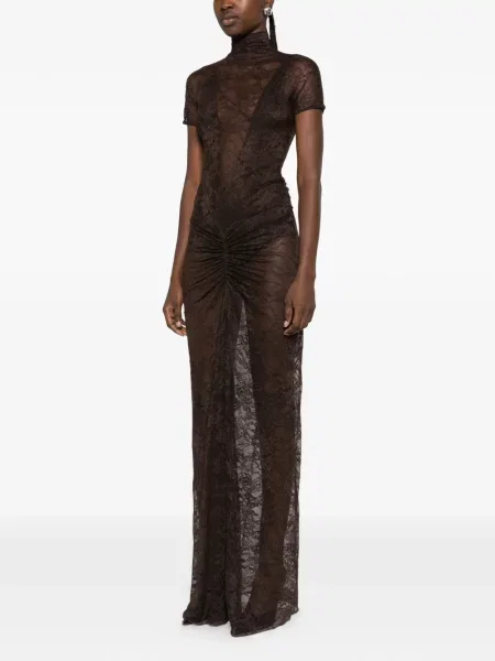 Rochie maxi The Andamane cu volane din dantelă maro