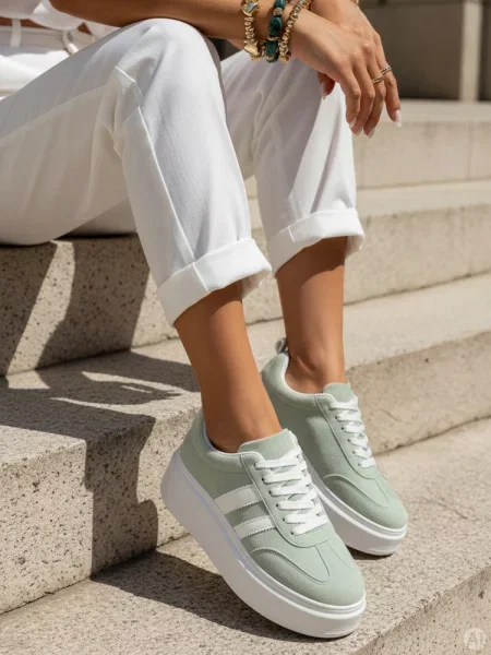 Sneakersy skórzane na platformie Dstreet miętowe