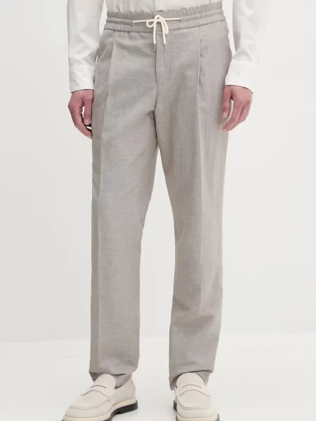 HUGO slim fit kalhoty s příměsí lnu béžové