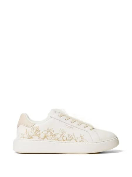 Sneakerși Twinset cu broderie cu șireturi din piele alb