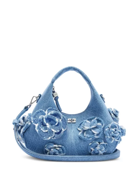 Geantă shopper Ganni cu model floral cu aplicații albastru