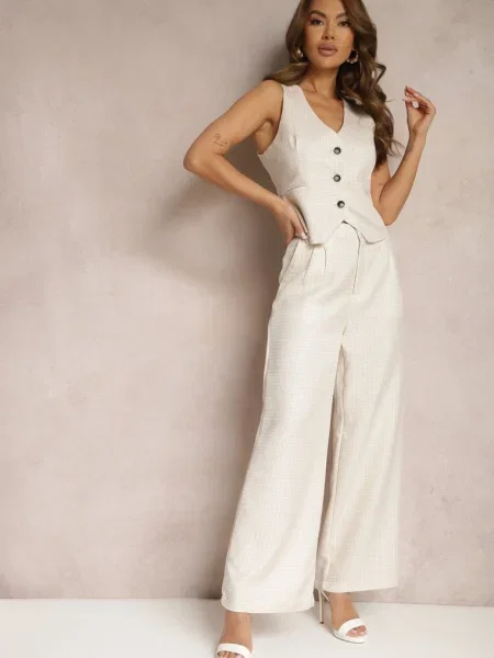 Pantaloni largi de costum cu talie înaltă Tamarixia bej