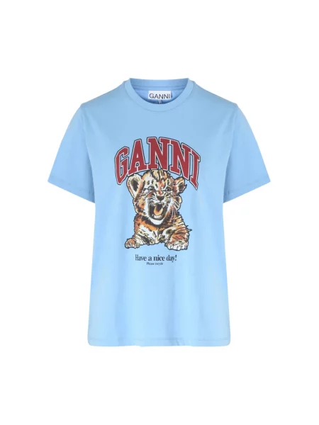 T-shirt basic Ganni w tygrysie prążki z dżerseju z dekoltem w kształcie litery U niebieski