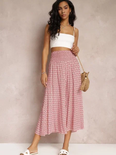 Różowo-Czerwone Szerokie Spodnie z z Marszczoną Gumką w Talii Mellody czerwone