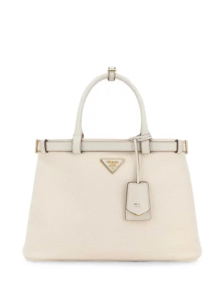 Geantă shopper Prada cu cataramă din canvas cu autograf alb