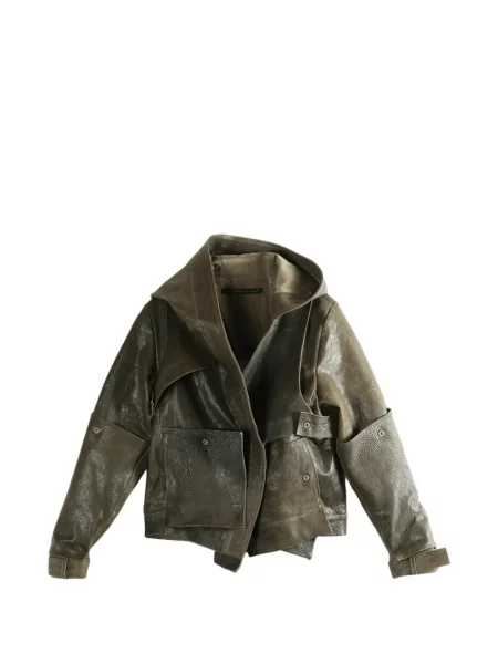 Kurtka skórzana Yehuafan z kapturem zielona