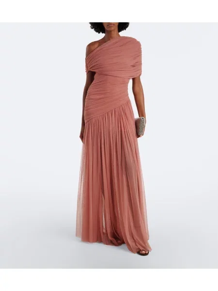 Rochie maxi De La Vali din tul asimetrică drapată roz