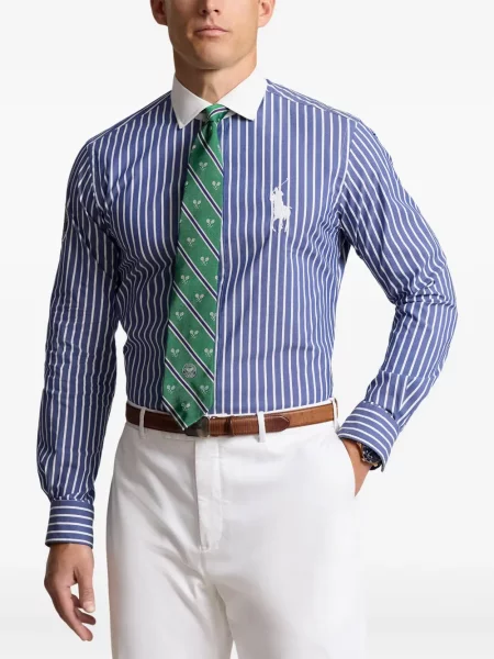 Haftowane szorty jeansowe Polo Ralph Lauren skórzane na ramiączkach niebieskie