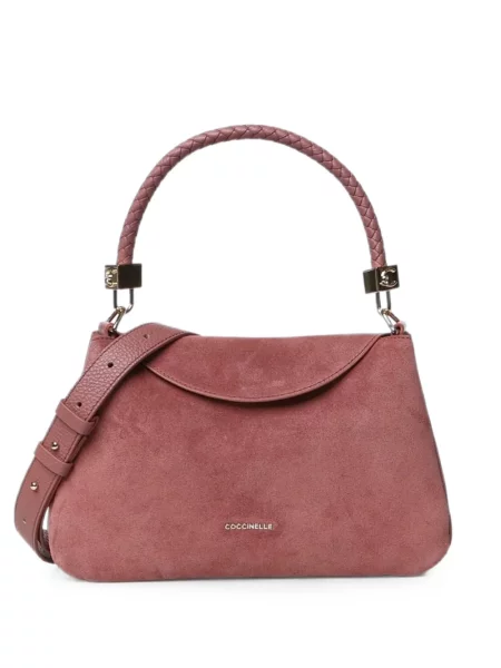 Geantă shopper Coccinelle din piele de căprioară țesută roz