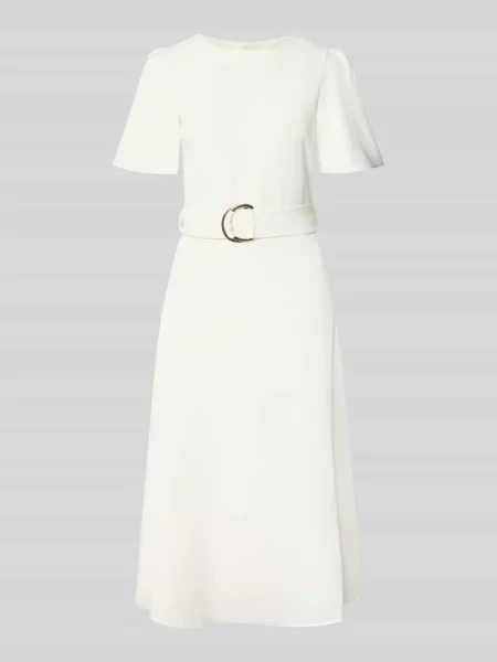 Sukienka koktajlowa z paskiem i okrągłym dekoltem Rinascimento biała