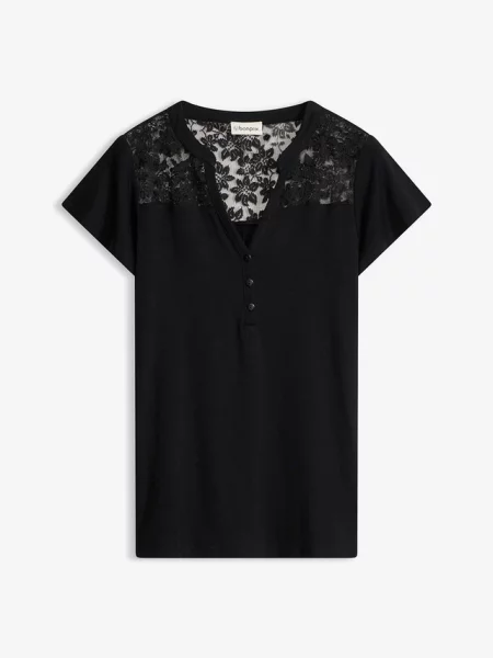 T-shirt z dekoltem henley z mieszanki czarna