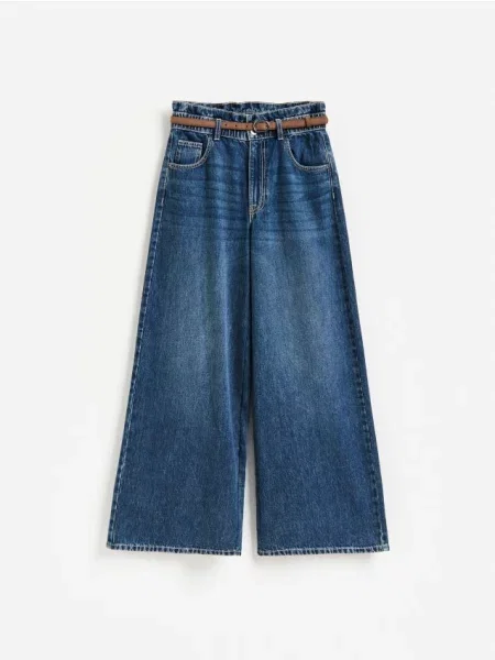 Reserved Blugi wide leg cu curea metalizat albastru