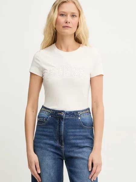 Koszulka z nadrukiem Guess z nadrukiem beżowa