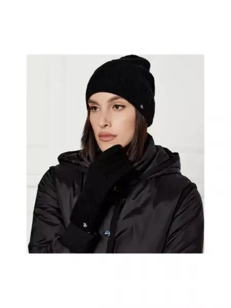 LAUREN RALPH LAUREN Gyapjú sapka + kesztyű kasmír hozzáadásával fekete