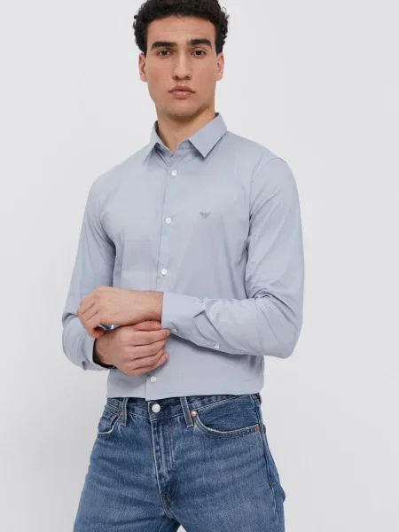Риза Emporio Armani мъжка със стандартна кройка с класическа яка синьо