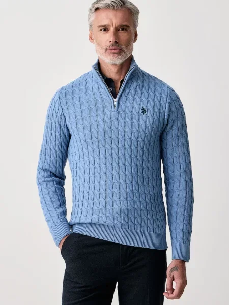 U.S. Polo Assn. pulover pentru bărbați din CLASSIC COTTON CABLE KNIT ZIP FUNNEL albastru