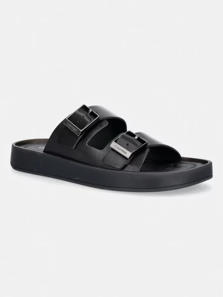 Calvin Klein papuci pentru bărbați din piele ERGON DOUBLE BAR SANDAL LTH negru