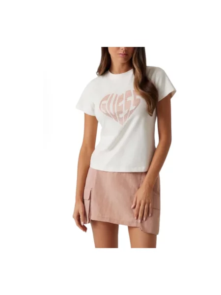 T-shirt z detalem z logo model ‘JULIA’ Guess beżowa