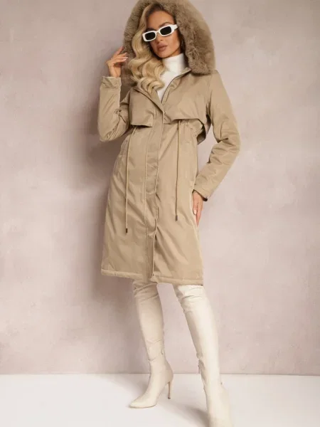 Jachetă Palton cu Șnur și Glugă cu Blană Artificială Livieya bej