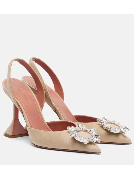 Pantofi cu toc Amina Muaddi din piele de căprioară slingback bej