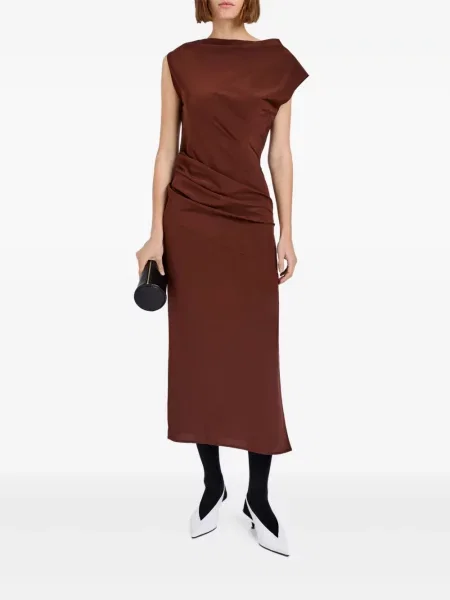Костюм миди рокля Proenza Schouler с драперии до коляното кафяво