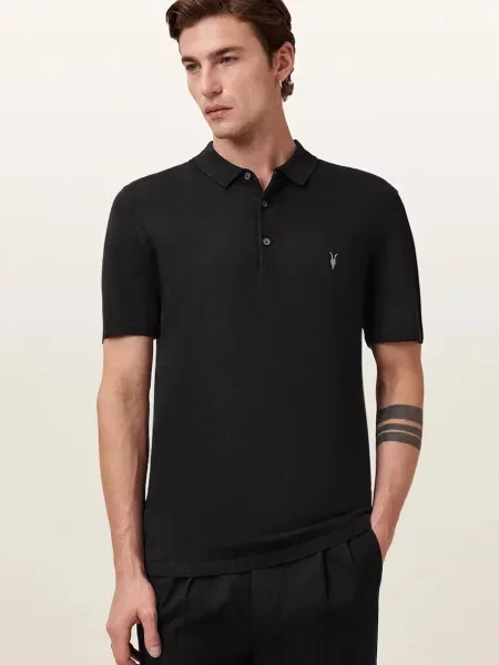 Tricou polo Allsaints de lână negru