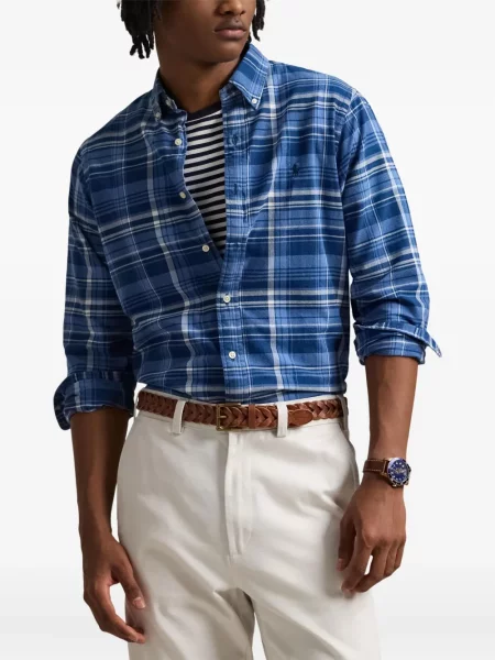 Ленена карирана риза Polo Ralph Lauren бродирана синьо