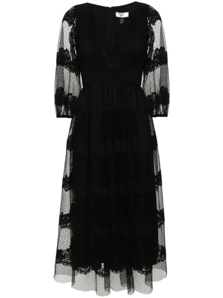 Rochie midi Nissa cu model floral din dantelă până la genunchi negru